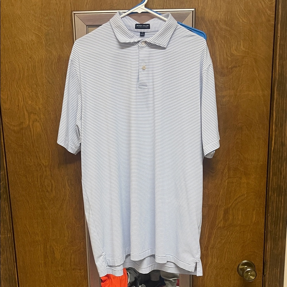 Peter Millar White and Blue Striped Polo Shirt
